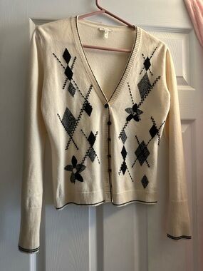Escada Cream Cardigan with Black Argyle and Floral Motif